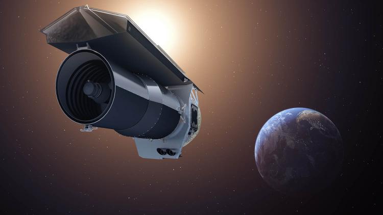 Artist's depiction of the Spitzer Space Telescope with Earth behind it