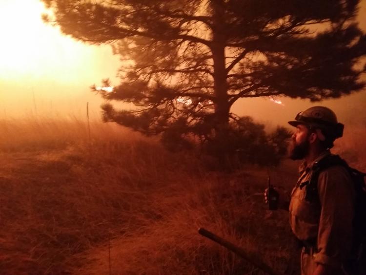 A firefighter works a fireline during the Sunshine Canyon fire on March 19, 2017