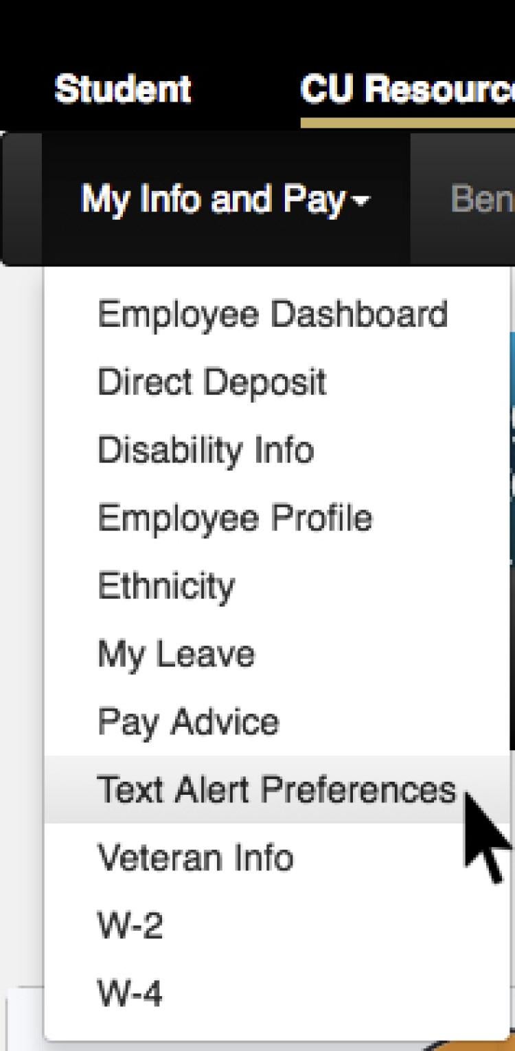 Text Alert Preferences dropdown in MyCUinfo