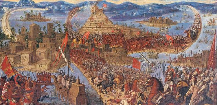 Painting of army invading the Aztec city of Tenochtitlan