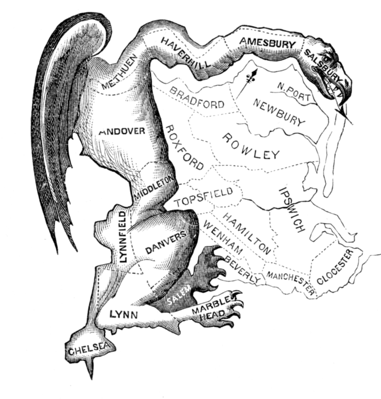 An 1812 political cartoon depicting a newly drawn political district in Massachusetts as a
