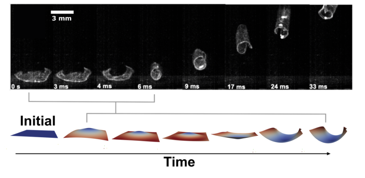 Graphic split into two parts. Above, a time lapse image shows a thin film launching into the air over the span of 33 milliseconds. Below, a graphic shows how a cone forms in that film, then rapidly inverts to launch the film into the air.