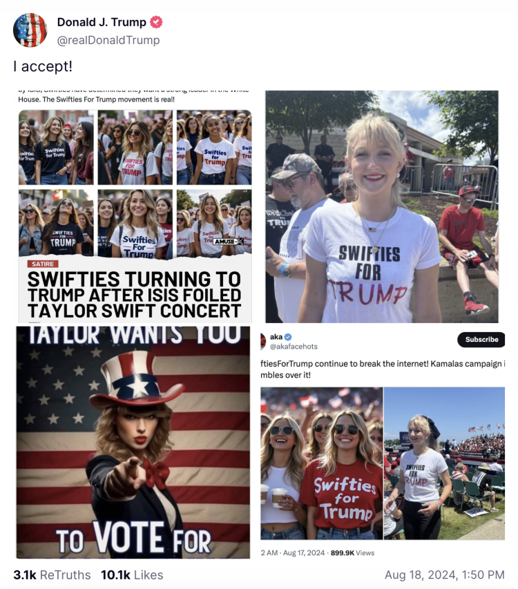 Screenshot of a Truth Social post from Donald J. Trump in which he says "I accept!" above a series of images.