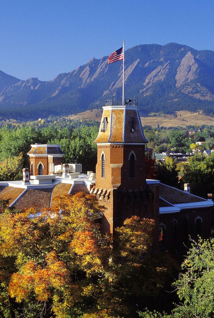 Aerial view of Old Main and Flatirons