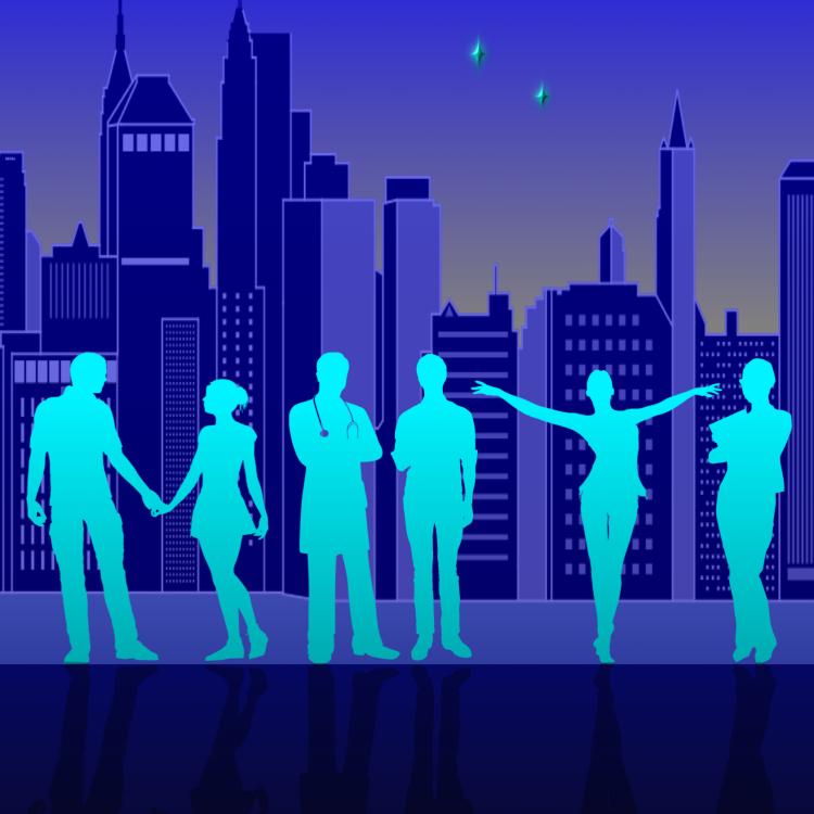Silhouette of six people in front of the NYC skyline