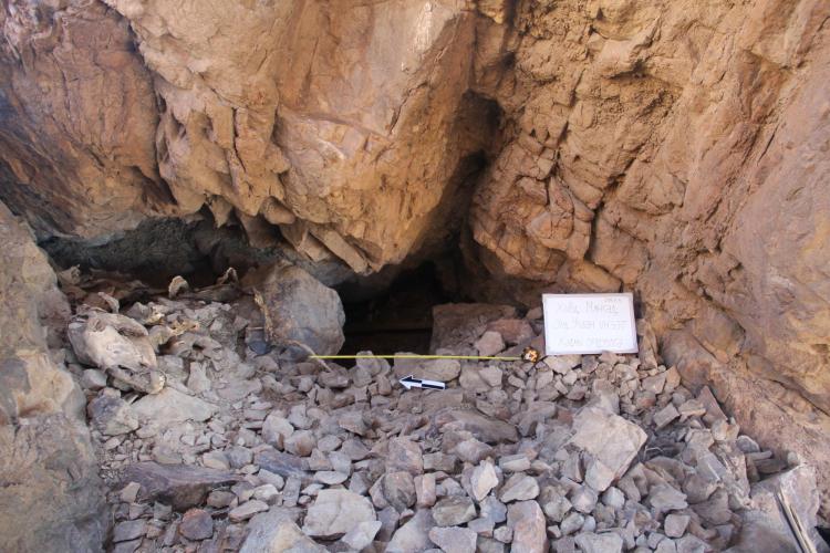 Mouth of a cave with the skull of a horse