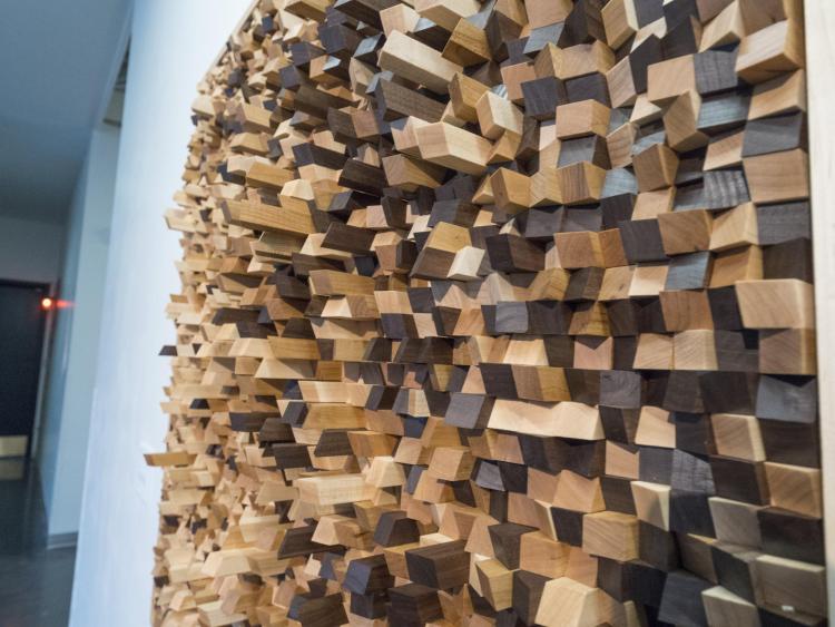 Wood installation by Matthew Vivirito at the open studios event. Photo by Glenn Asakawa.