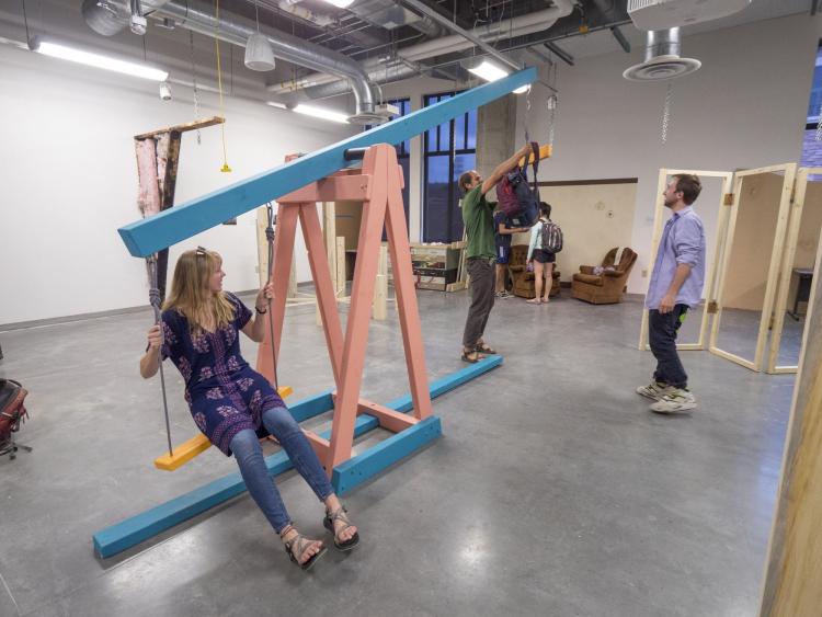 Interactive sculpture installation at the open studios event. Photo by Glenn Asakawa.