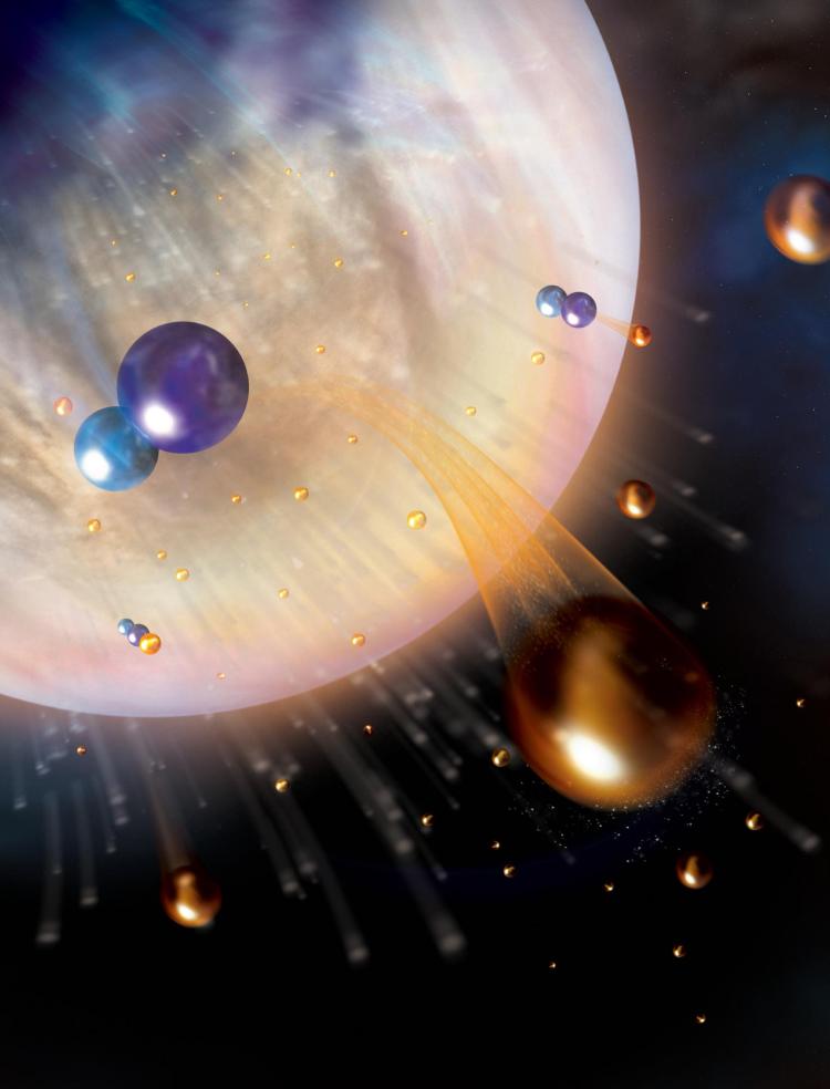 Illustration of Venus seen from space with colored spheres flying around
