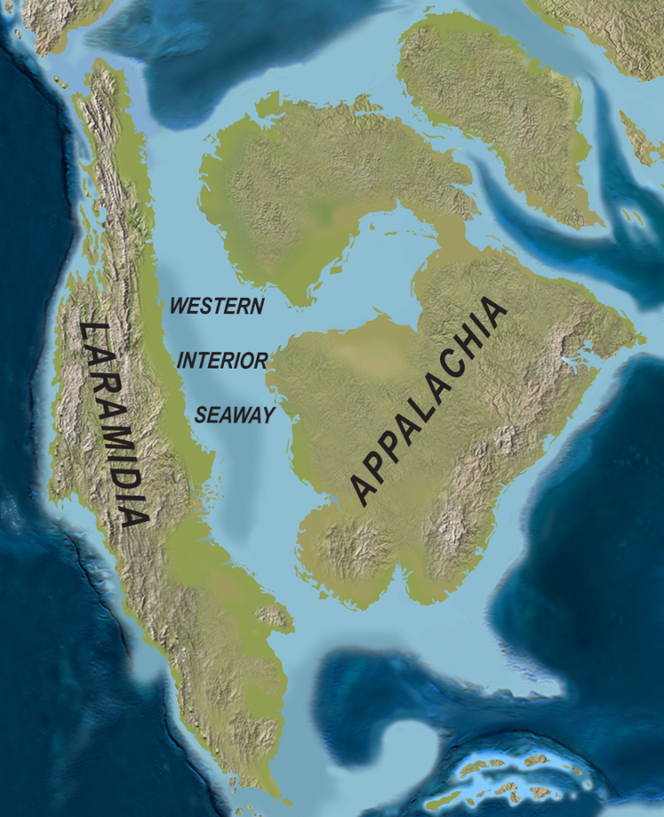 A map showing a sea, labeled "Western Interior Seaway," diving North America in two: "Laramidia" to the west and "Appalachia" to the east