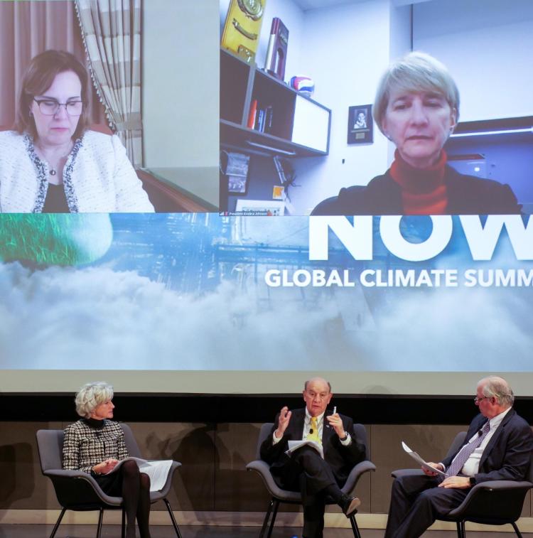 Panelists Philip P. DiStefano (center), University of Colorado Chancellor, discusses the research, innovation, education and public engagement efforts needed to accelerate climate solutions that respond to the needs of individuals and communities, and show respect for human rights.