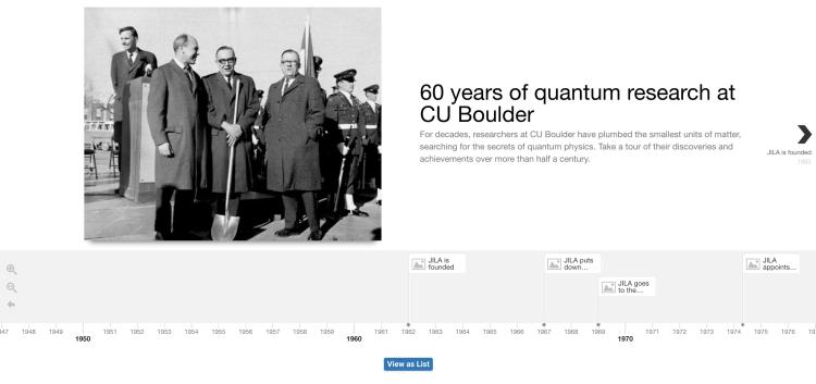 Screenshot of an interactive timeline. The first slide reads: For decades, researchers at CU Boulder and NIST have plumbed the smallest units of matter, seeking out the secrets of quantum physics. Take a tour of their discoveries and achievements over more than half a century.