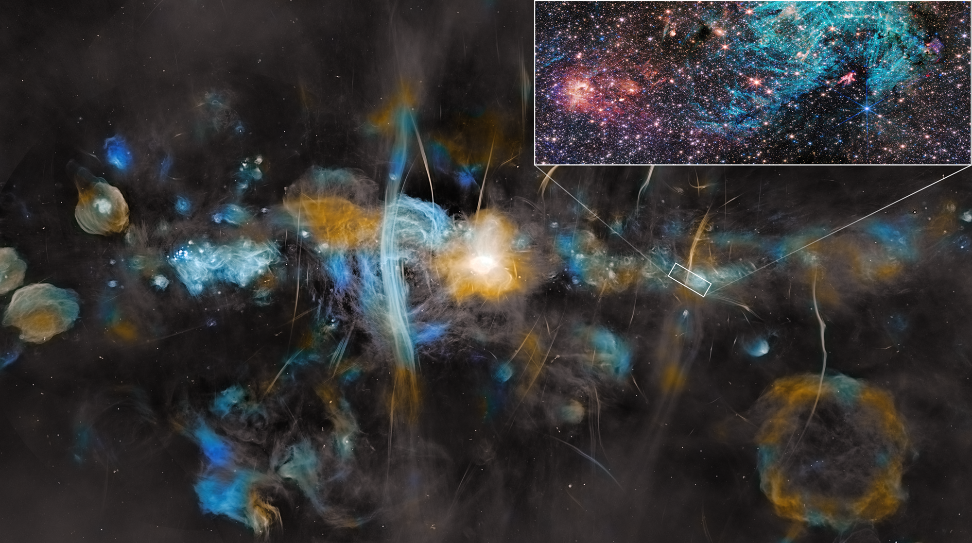Image of space with an inset showing a more detailed image of one clump of stars