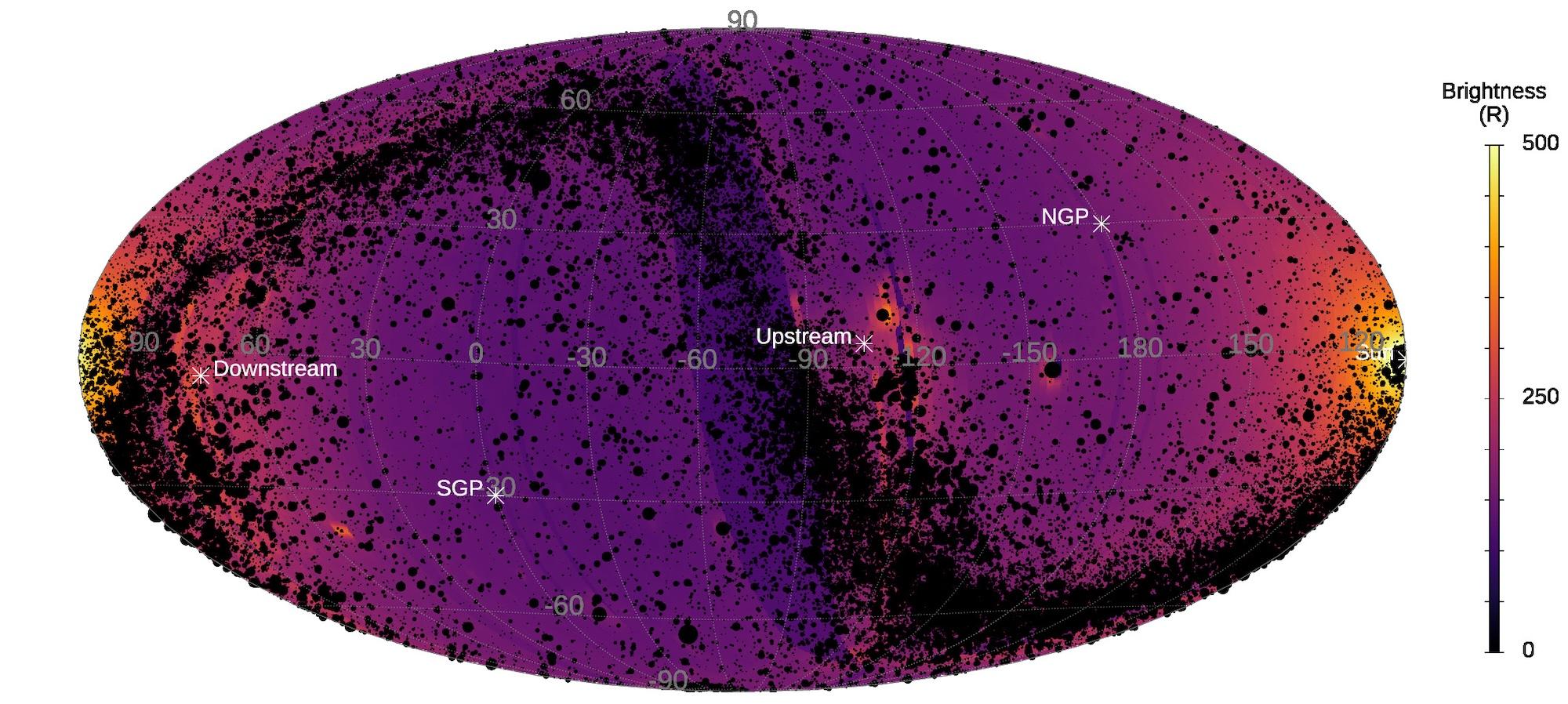 Graphic depicting Lyman-alpha emissions from the universe. A key on the side shows that yellow shows brighter emissions, while purple is less bright.