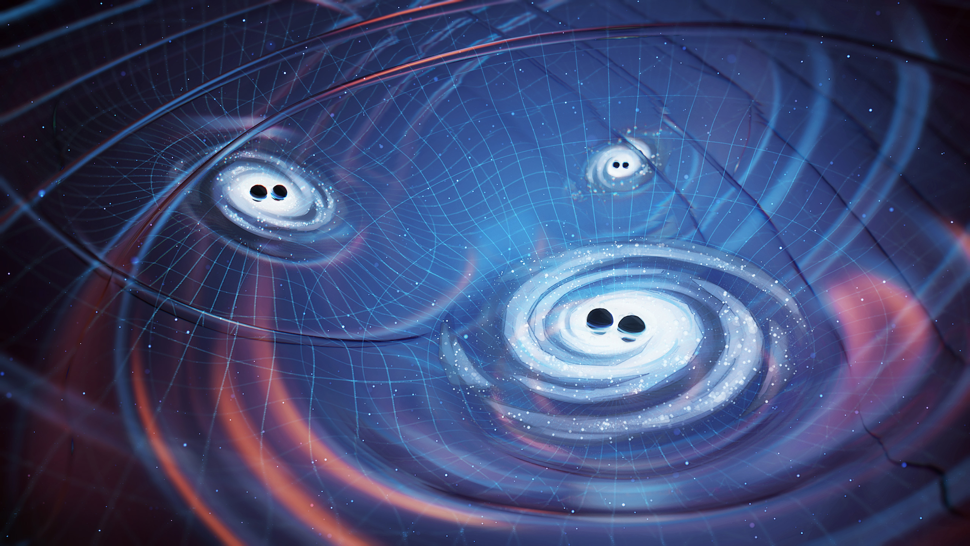Illustration of several black holes circling around each other and producing ripples that spread out