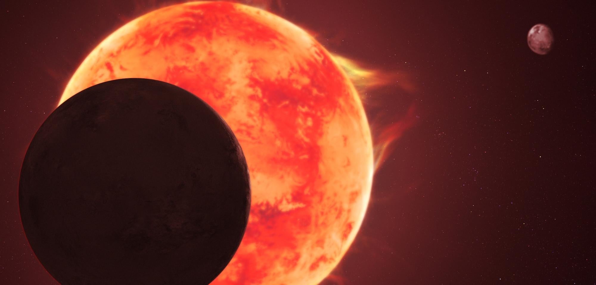 Illustration of the silhouette of a planet passing in front of an orange star