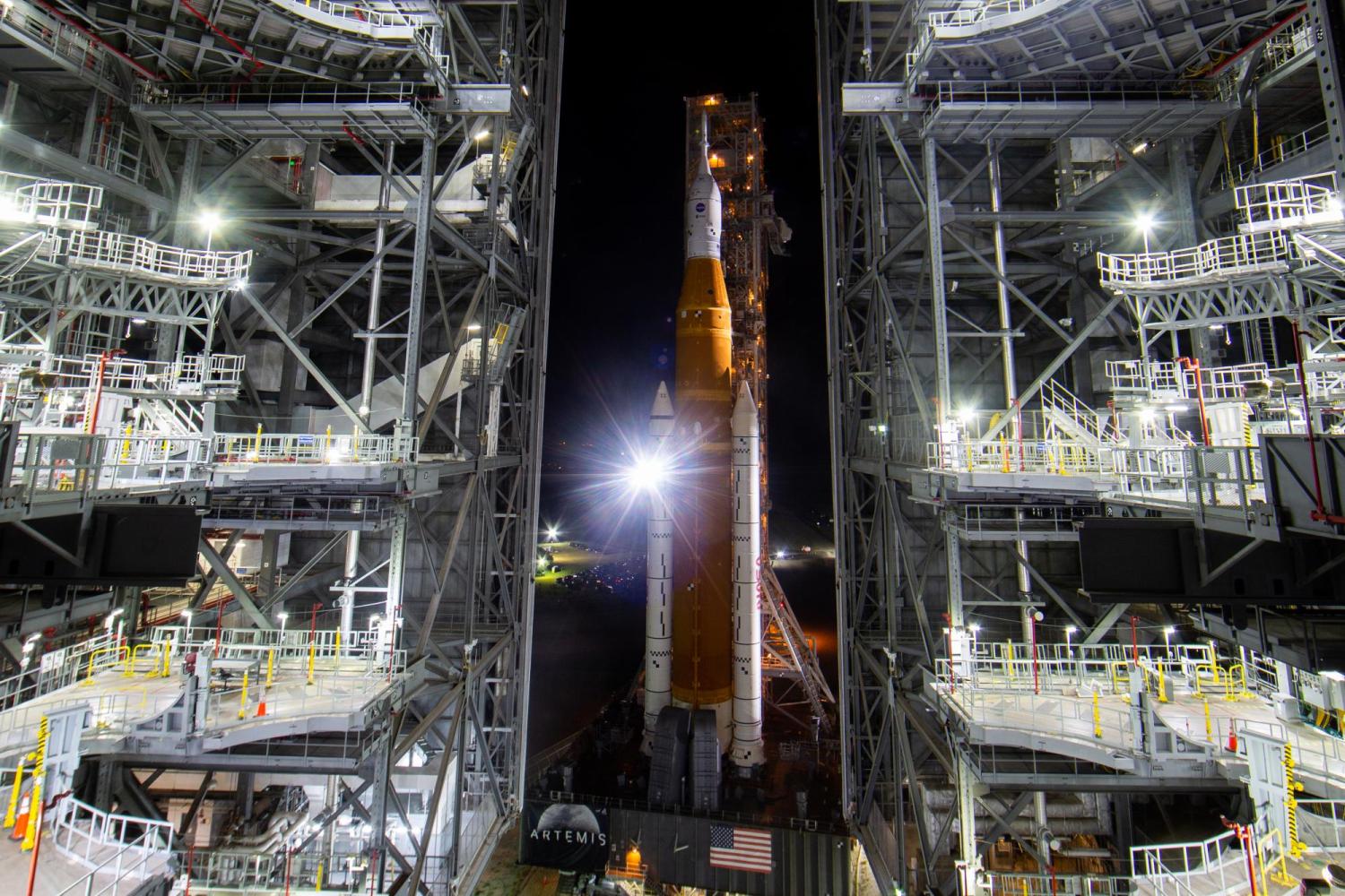 NASA's Space Launch System rocket rolls out of the Vehicle Assembly Building