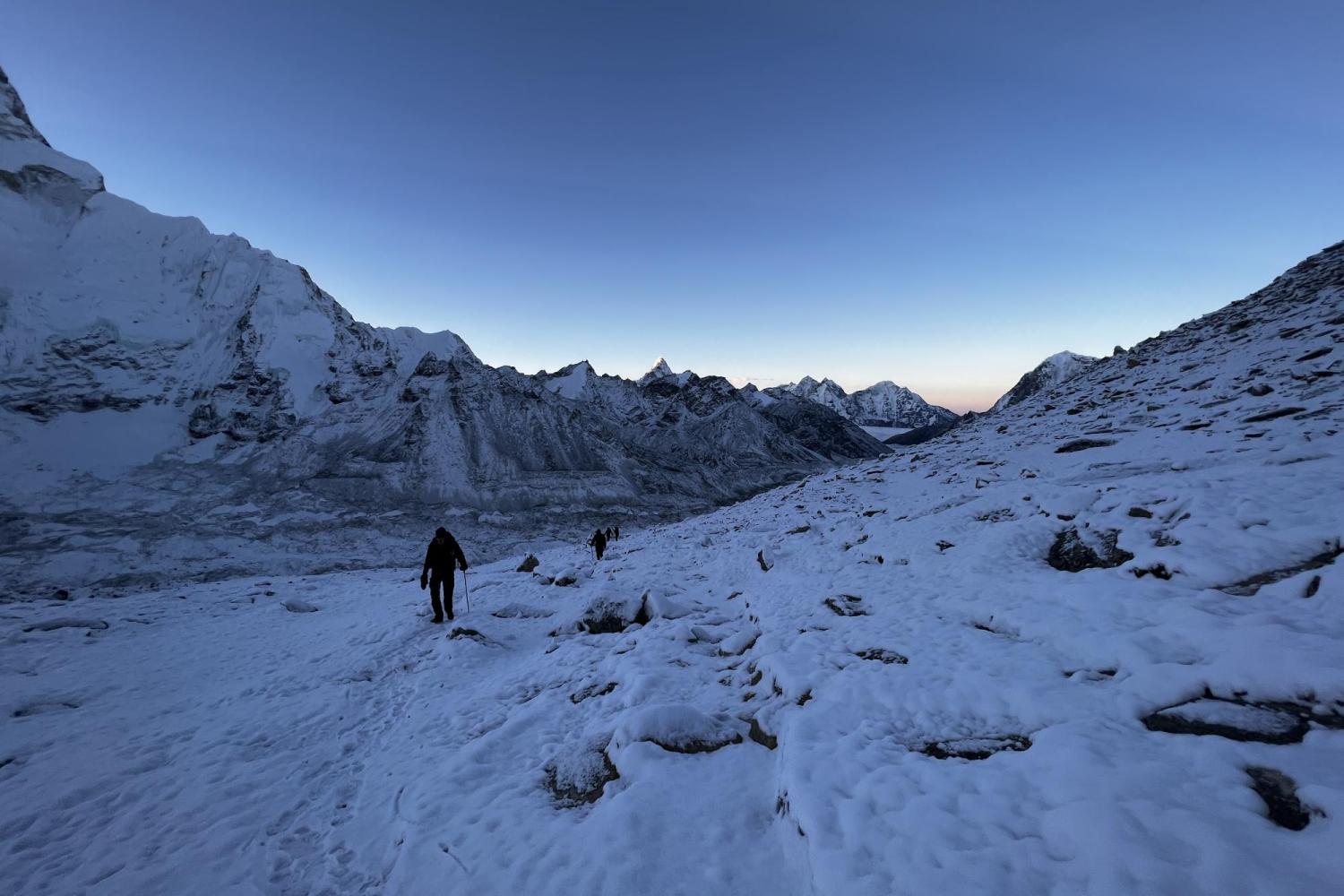 The team continues their ascent to Everest base camp at dawn