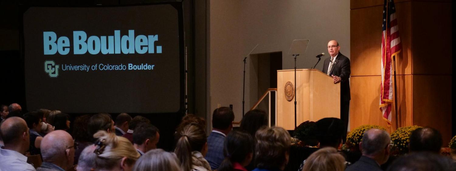 Philip DiStefano, Chancellor of the University of Colorado Boulder, gives the State of Campus speech at the University Memorial Center Glenn Miller Ballroom on Tuesday, October 17. (Photo by Glenn Asakawa/University of Colorado)