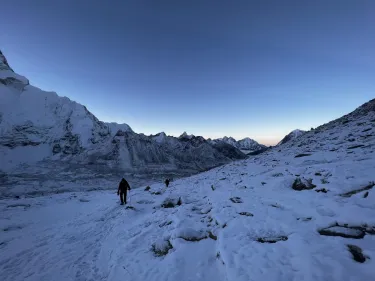 The team continues their ascent to Everest base camp at dawn