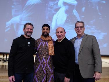 (From left to right) CU president Todd Saliman, Professor Reiland Rabaka, Chancellor Philip DiStefano and College of Arts and Sciences Dean Glen Krutz pose for a photo together. (Glenn Asakawa/University of Colorado)