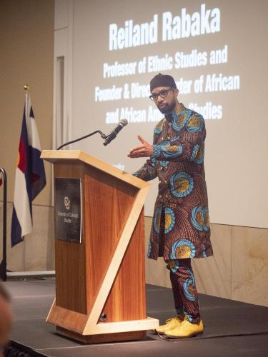 Reiland Rabaka, Professor of African, African American and Caribbean Studies and founding director of the Center for African and African American Studies, addresses the audience during the 2023 Chancellor’s Summit for the University of Colorado Boulder. (Photo by Casey A. Cass/University of Colorado)