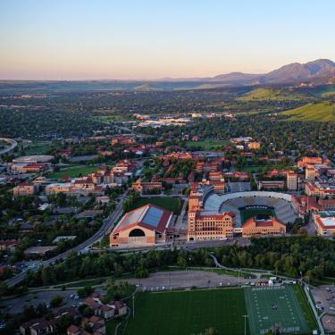 Split aerial photo of campus and the Flatirons
