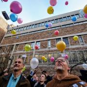 Pathways to Space class students release balloons at the end of their kickoff class outside of Meunzinger Auditorium. 