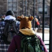 An unidentified Buff sports a cap of a different animal on the way to class on a chilly Friday morning. 