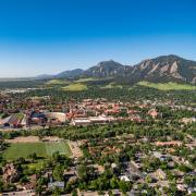 An aerial perspective of the CU Boulder campus