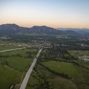 Aerial view of city of Boulder and CU campus