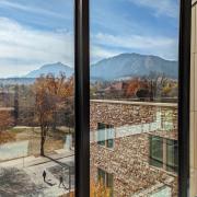 view campus and the Flatirons from inside a building