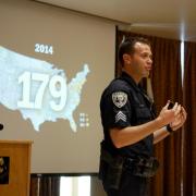 CU Boulder Police Sgt. John Zizz leads active harmer training class on campus