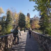 students on campus footbridge