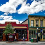 View of storefronts in Breckenridge, Colorado.