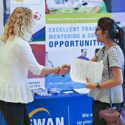 Student at career fair on campus.