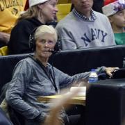 Carol Callan, left, doing commentary at a Colorado women's basketball game