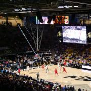 Men's basketball team on the court