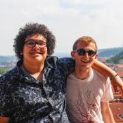 Two students pose for a photo in Prague.