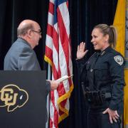 CU Boulder Police Chief Doreen Jokerst takes her oath of service with Chancellor Phil DiStefano during a swearing-in ceremony in 2018