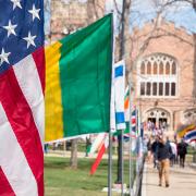 Flags are seen displayed before the annual Conference on World Affairs