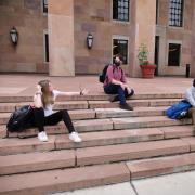 Students physically distance on campus