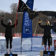 Stef Fleckenstein, left, and Cassidy Gray, right, on the podium after the NCAA women's grand slalom championship race Wednesday, March 11, 2021. (Photo via CU Athletics)