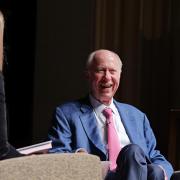 David Gergen speaking in Macky Auditorium