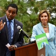 Congressman Joe Neguse, left, and US House of Representatives Speaker of the House Nancy Pelosi 