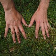 two hands pressing down on grass and dirt