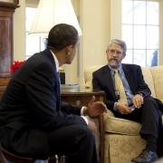 John Holdren speaks with President Obama in the White House