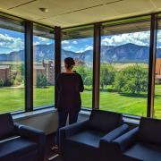 A view from Williams Village East of the Flatirons