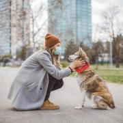 person in mask outside with dog