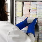 Person wearing gloves handles color-coded samples in lab freezer